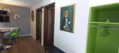 a room with a green wall and a hallway with a table at Apartments Jack in Bihać