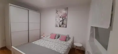 a small white bedroom with a bed with pink pillows at Elena apartmani in Tuzla