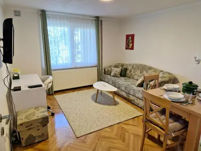 a living room with a couch and a table at Apartman Alemina - mirna lokacija blizu centra, priroda i privatnost in Cazin