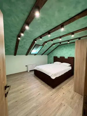 a bedroom with a bed and a green ceiling at Motel pizzeria Actros in Nova Topola