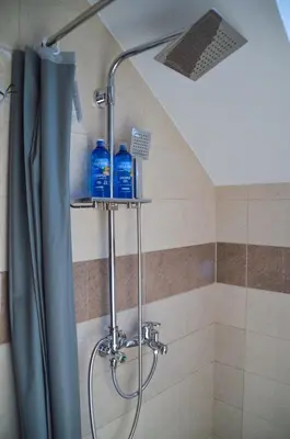 a shower with two blue bottles on a shelf in a bathroom at Apartman “Centar Jajce “ in Jajce