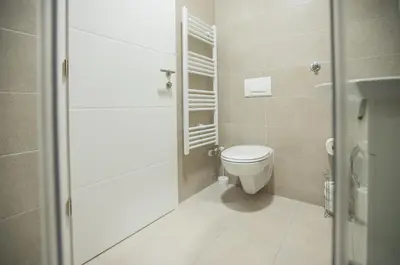 a small bathroom with a toilet and a shower at Jelena Apartment II in Doboj