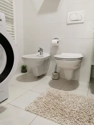 a bathroom with a toilet and a sink and a rug at Luxury Apartment with a stunning view, FREE parking in Tuzla