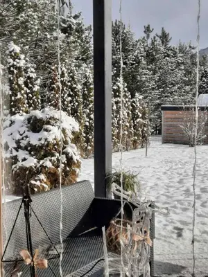 a porch with a swing in the snow at Residence Wood Pool & SPA in Visoko