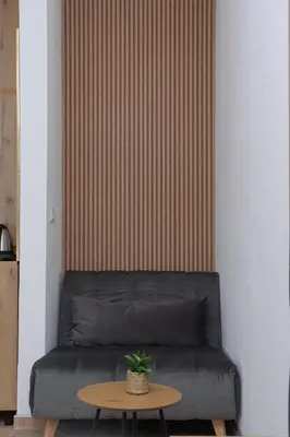 a black couch in a room with a table at Pansion A&M Vlašić in Vlasic