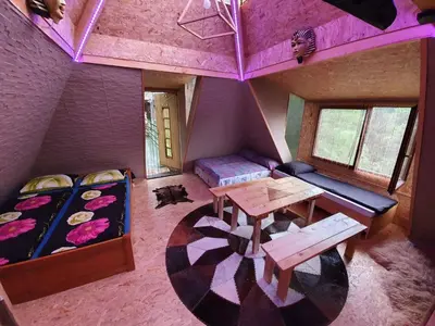 an overhead view of a room with a bed and a table at Pyramid in Visoko