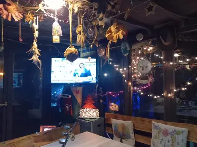 a dining room with a television and christmas lights at Pyramid in Visoko