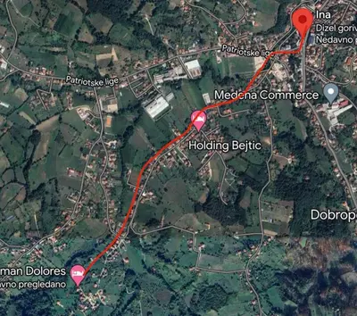 a map with two red dots on it at Dolores in Tešanj