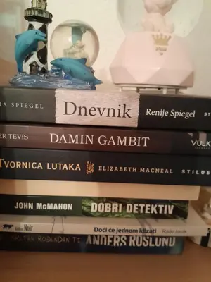 a stack of books sitting on a table with a lamp at Dolores in Tešanj