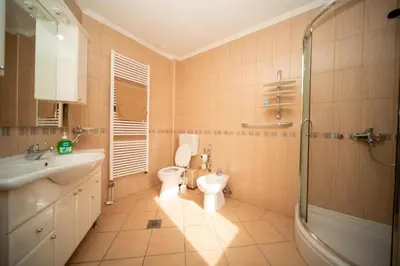 a bathroom with a toilet and a sink and a shower at The View Apartment in Visoko