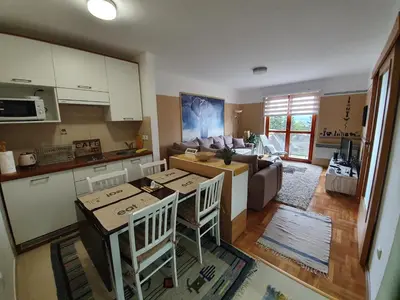 a kitchen and living room with a table and chairs at Apartman Lari in Vlasic