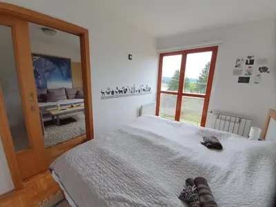 a bedroom with a bed and a large mirror at Apartman Lari in Vlasic