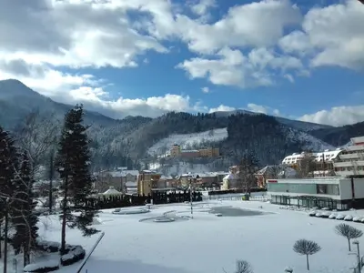 a city covered in snow with mountains in the background at City View Apartment in Fojnica