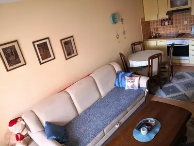 a living room with a couch and a table at Apartman SARA Babanovac Vlašić in Travnik