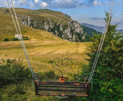 a swing in a field with a mountain in the background at Apartman SARA Babanovac Vlašić in Travnik
