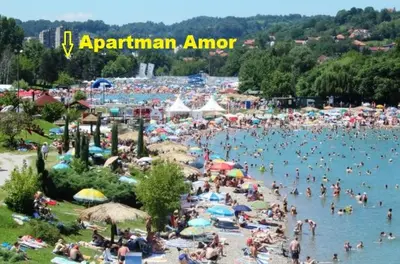 a crowd of people in the water at a beach at Apartman Amor in Tuzla