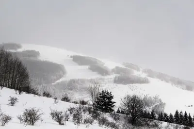 a snow covered hill with trees and a valley at Kuća za odmor ANA in Kupres