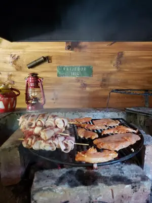 a grill with a bunch of food on it at Log Cabins Jovicic in Bosanska Dubica