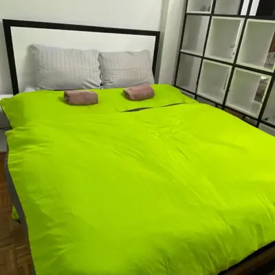a green bed with two pillows on top of it at Dan i noc in Banja Luka