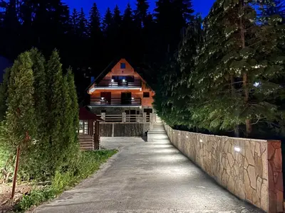 a house in the middle of a road with trees at Apartmani Megara Vlasic in Šišava