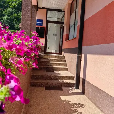 a set of stairs leading to a building with pink flowers at Motel Maks in Kiseljak