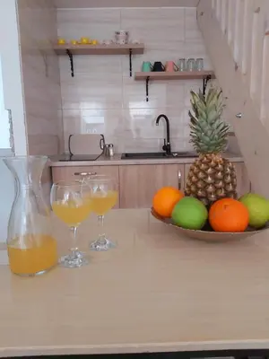 a counter with two glasses of orange juice and a bowl of fruit at apartman UNO in Jajce