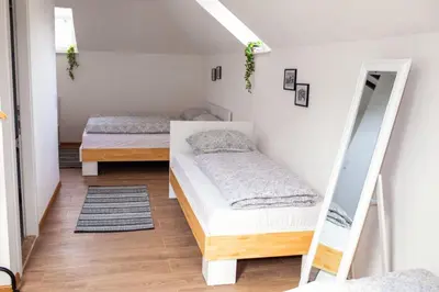 two beds in a room with a mirror at apartman UNO in Jajce