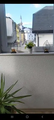 a window with two plants on a window sill at apartman UNO in Jajce