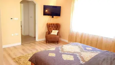 a bedroom with a bed and a chair and a television at Vila Galerija in Banja Luka