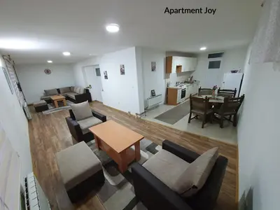 an aerial view of a living room and a kitchen at Pansion Beg in Tuzla