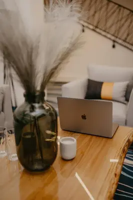 a vase sitting on a table with a laptop on it at Hotel Vertigos in Tuzla