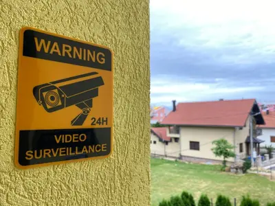 a yellow warning sign on a wall with a camera at Gold Apartmani Kozarac in Kozarac