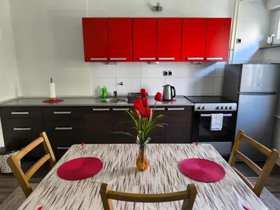 a kitchen with a table with a vase of flowers on it at Apartman Banja Luka 2 in Banja Luka