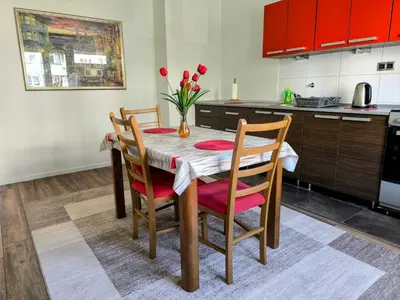 a kitchen with a table with chairs and a vase of flowers at Apartman Banja Luka 2 in Banja Luka
