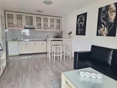 a living room with a couch and a kitchen at Apartman Lilly in Modriča