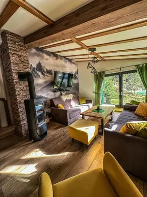 a living room with a couch and a fireplace at Vila Bašić Vlašić Spa Apartman JELEN in Vlasic