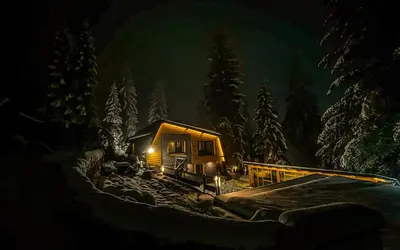 a cabin in the woods in the snow at night at Vila Bašić Vlašić Spa Apartman JELEN in Vlasic