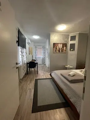 a bedroom with a bed and a desk with a television at Motel Liberta in Jajce