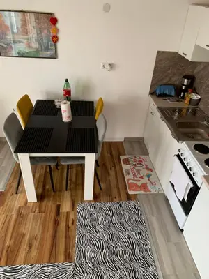a small kitchen with a table and a stove at Nisa & De Apartmani in Bihać