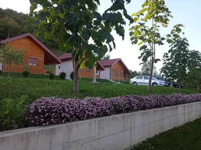 a retaining wall with purple flowers in front of a house at Sherwood resort in Bihać