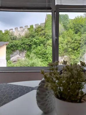 a vase with a plant on a table in front of a window at King's Cave in Jajce