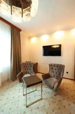 a living room with two chairs and a flat screen tv at Hotel Vidović in Banja Luka