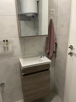 a bathroom with a sink and a shower at Central 13 in Tuzla