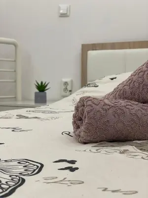 a bedroom with two beds with pink pillows at Central 13 in Tuzla