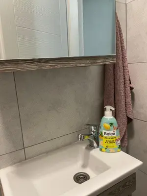 a bathroom sink with a bottle of soap on it at Central 13 in Tuzla