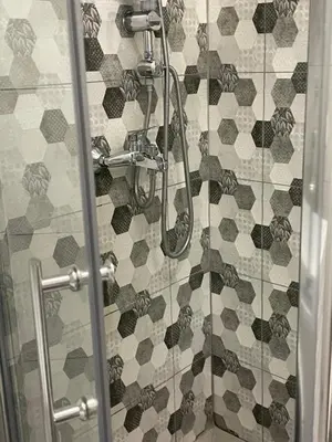a shower with a glass door in a bathroom at Central 13 in Tuzla