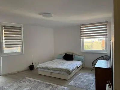 a bedroom with a bed and two windows at Apartment Lamele Bugojno in Bugojno