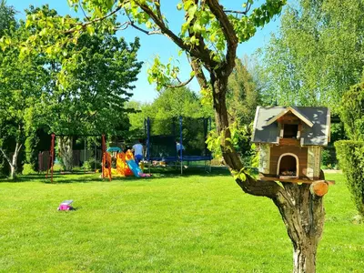 a bird house on a tree in a park at Aventurin Superior Apartments in Bihać