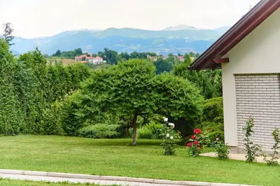 a yard with a tree and mountains in the background at Guest house Al Meri in Travnik