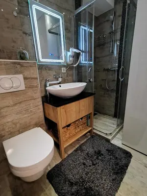 a bathroom with a sink and a toilet and a shower at Lux Apartment with Sauna & Balcony in Banja Luka